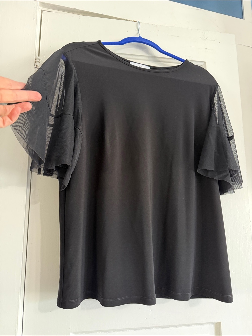 Joseph Ribkoff Black Short Sleeve Tee with Sheer Flutter Sleeves